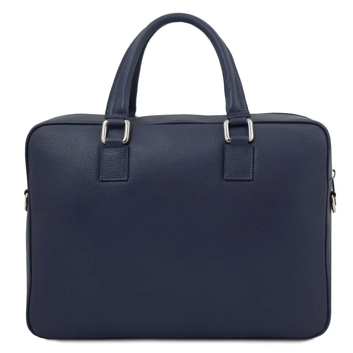 Rear view blue leather briefcase with silver hardware on a white background