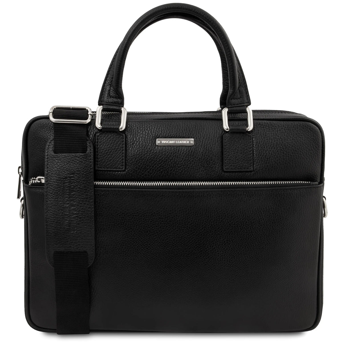 Ferrara Leather Laptop Briefcase in black with dual top handles, a front zippered pocket, and an adjustable shoulder strap, shown on a plain white background.