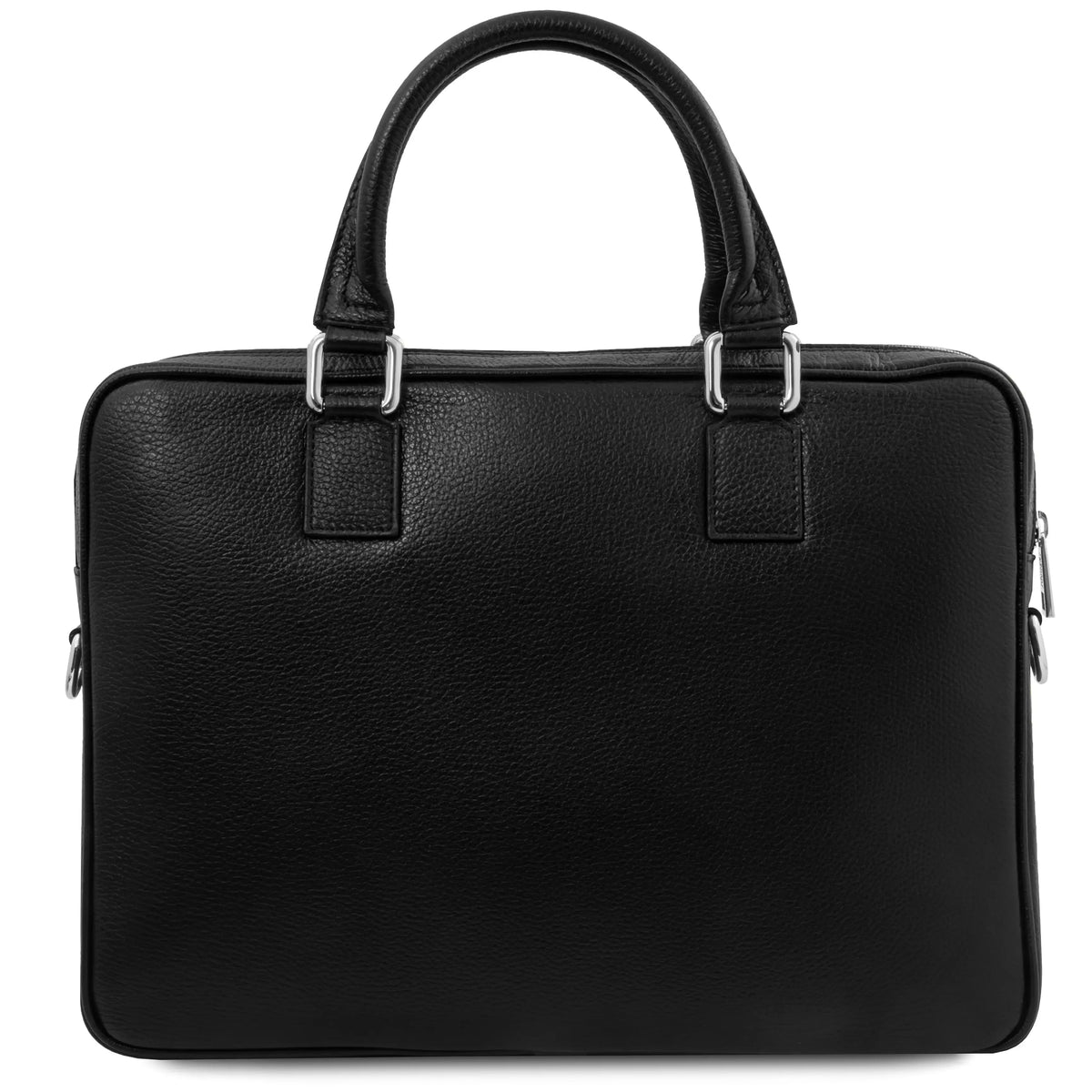 Rear view black leather briefcase with silver hardware on a white background