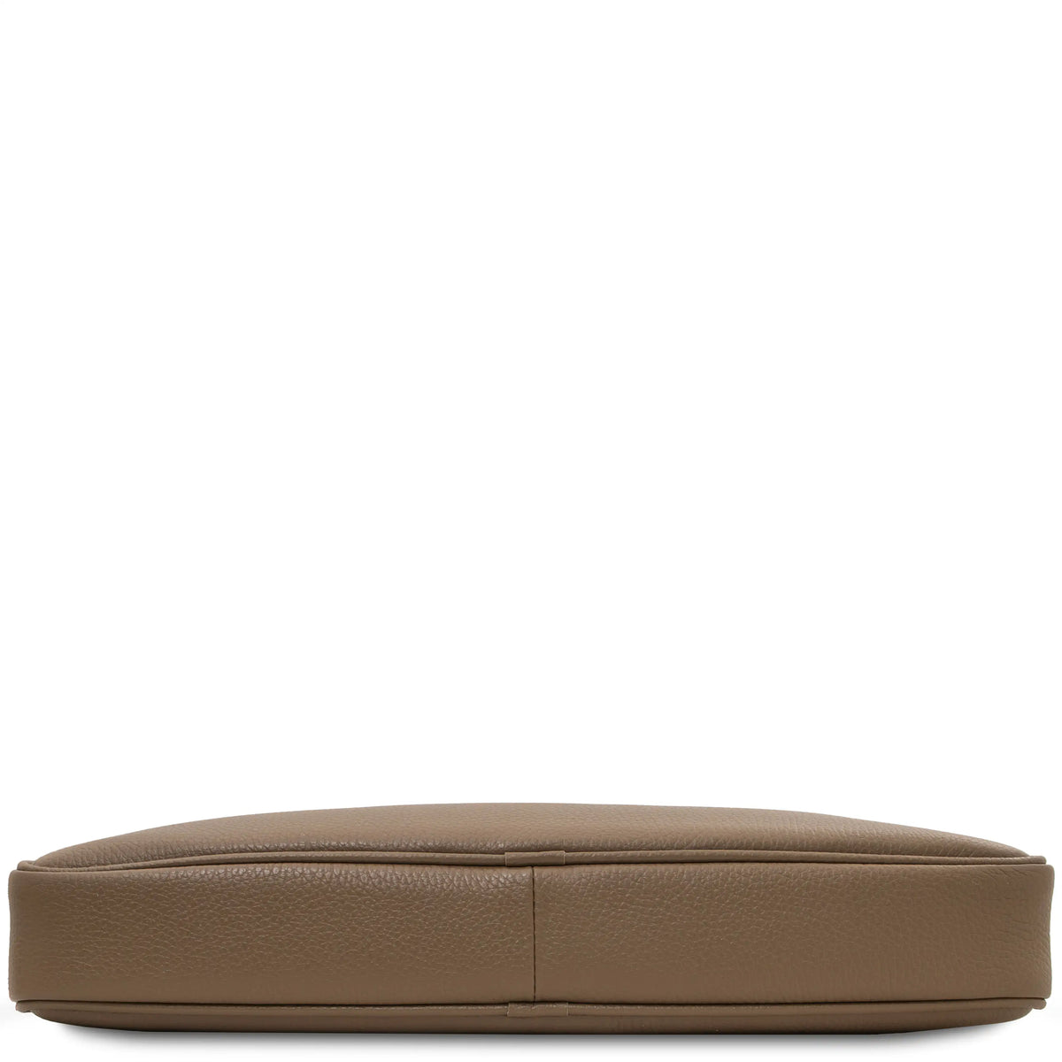 Bottom view taupe leather bag on a white background