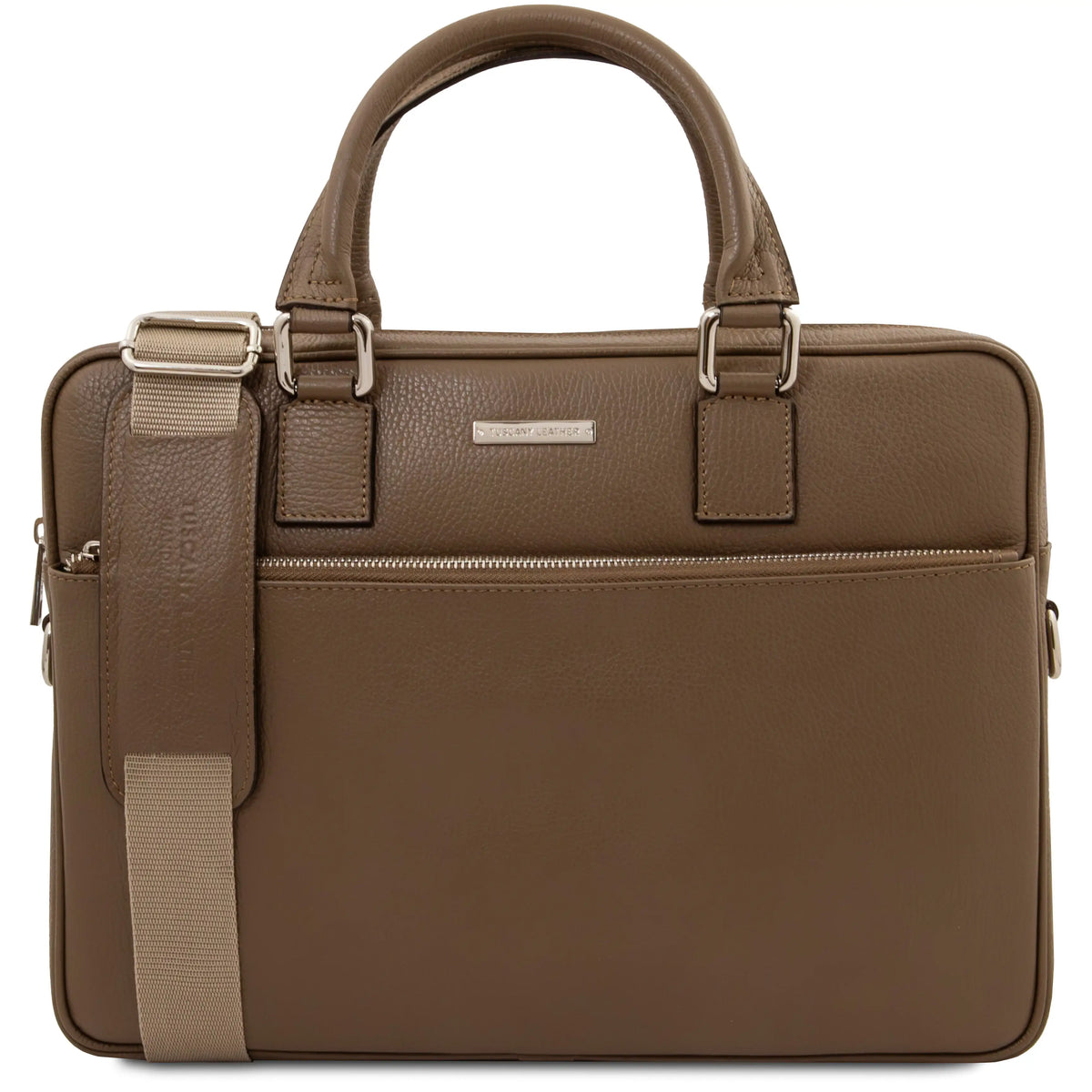 Ferrara Leather Laptop Briefcase in taupe with dual top handles, a front zippered pocket, and an adjustable shoulder strap, shown on a plain white background.