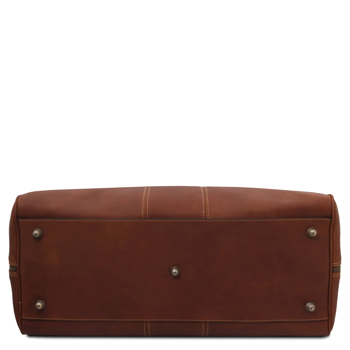 Bottom view brown leather bag with silver protective feet on a white background
