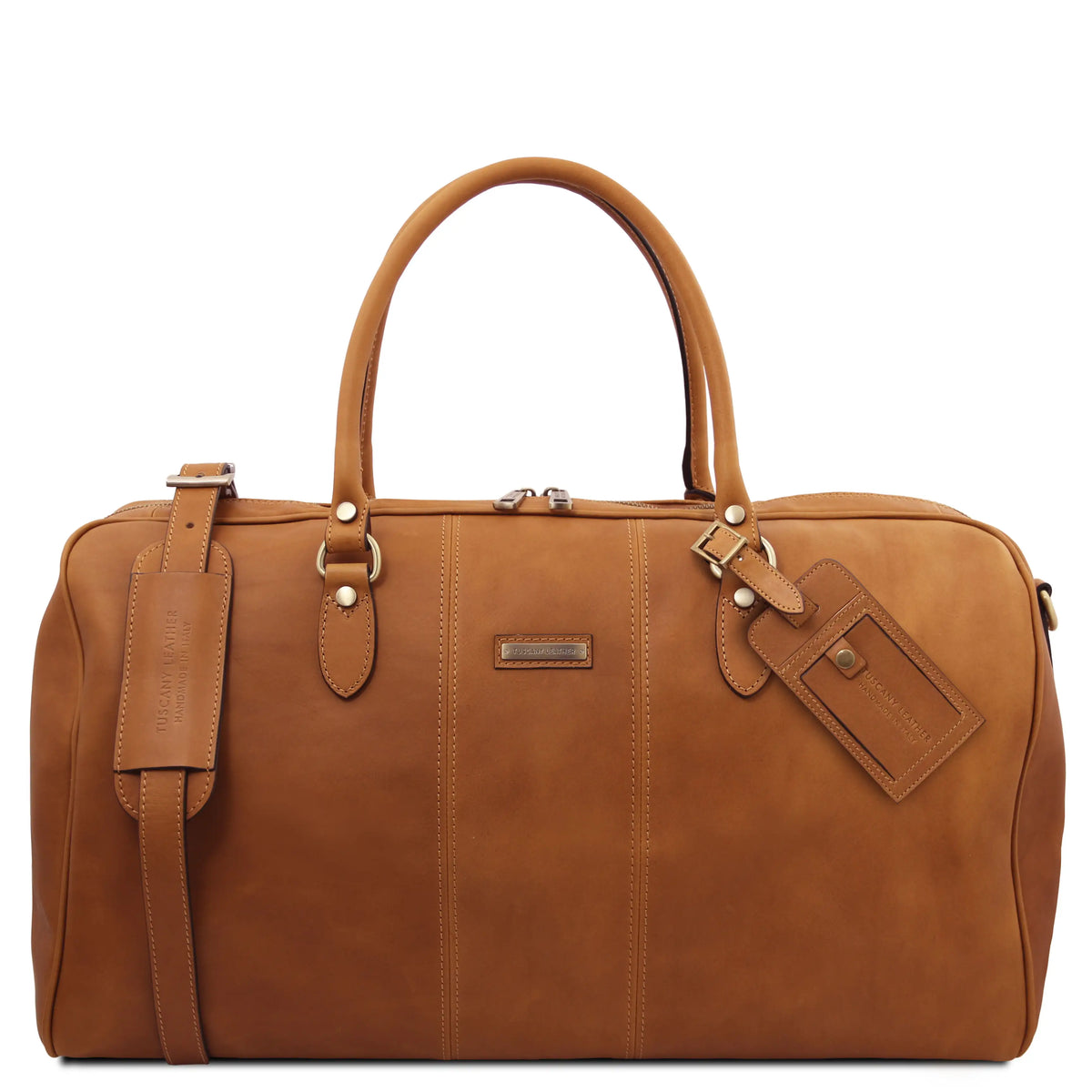 A natural leather duffel bag with dual top handles, a detachable shoulder strap, and matching luggage tags, shown on a plain white background.