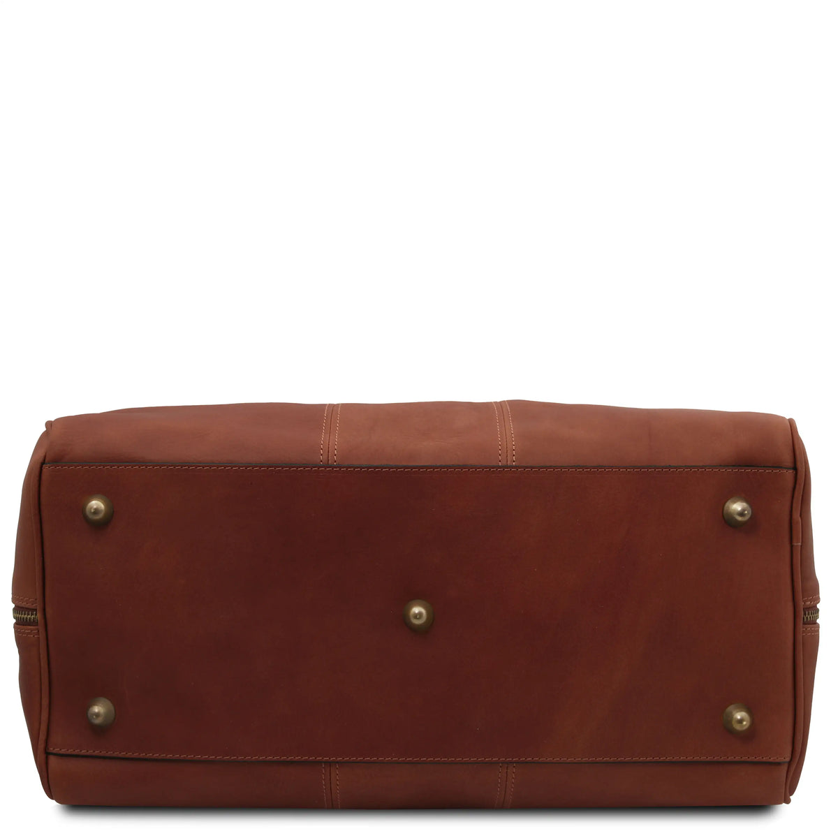 Brown leather duffel bag shown from the bottom, featuring brass-colored metal studs on a solid white background.
