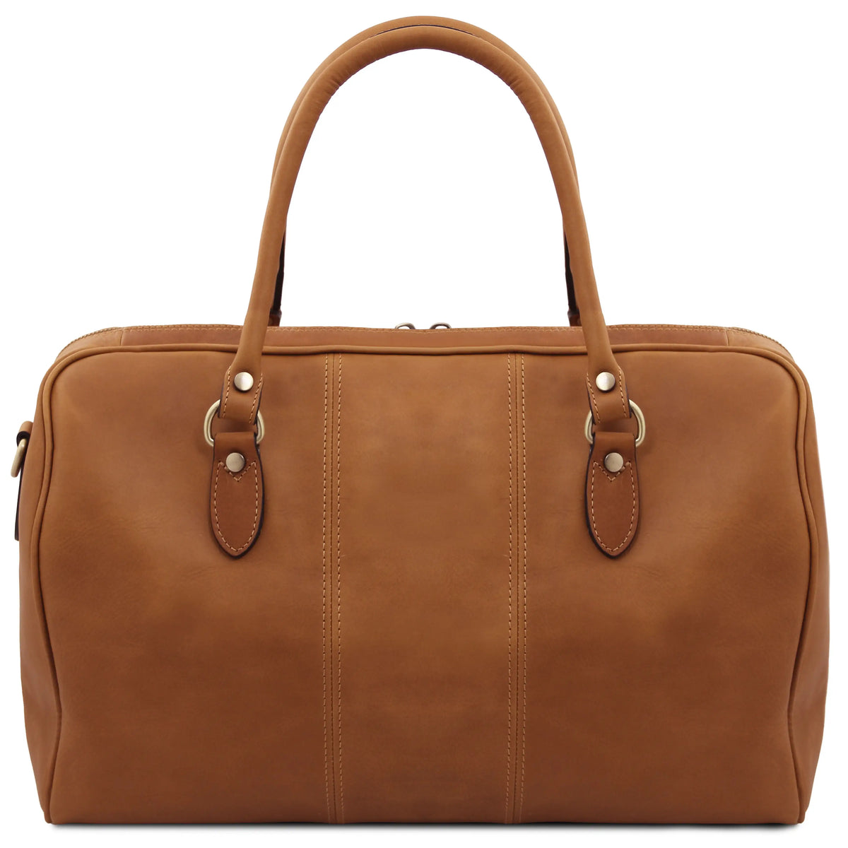 Back view natural leather duffel bag with handles on a white background