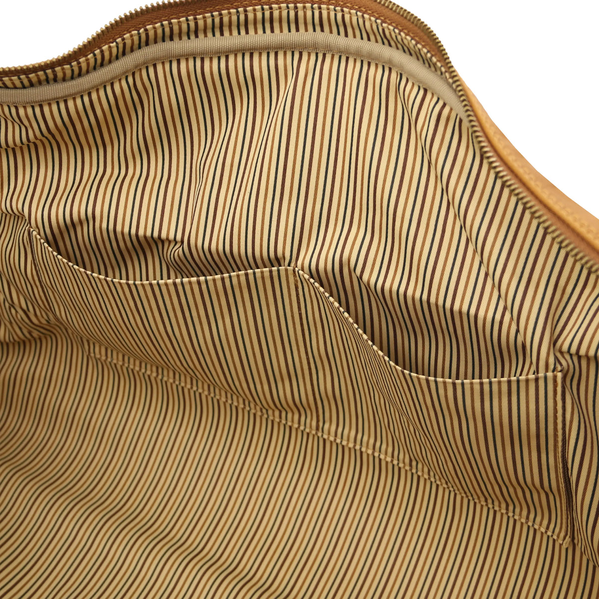 Natural leather duffel bag with a brown striped cotton lining interior and open pockets.