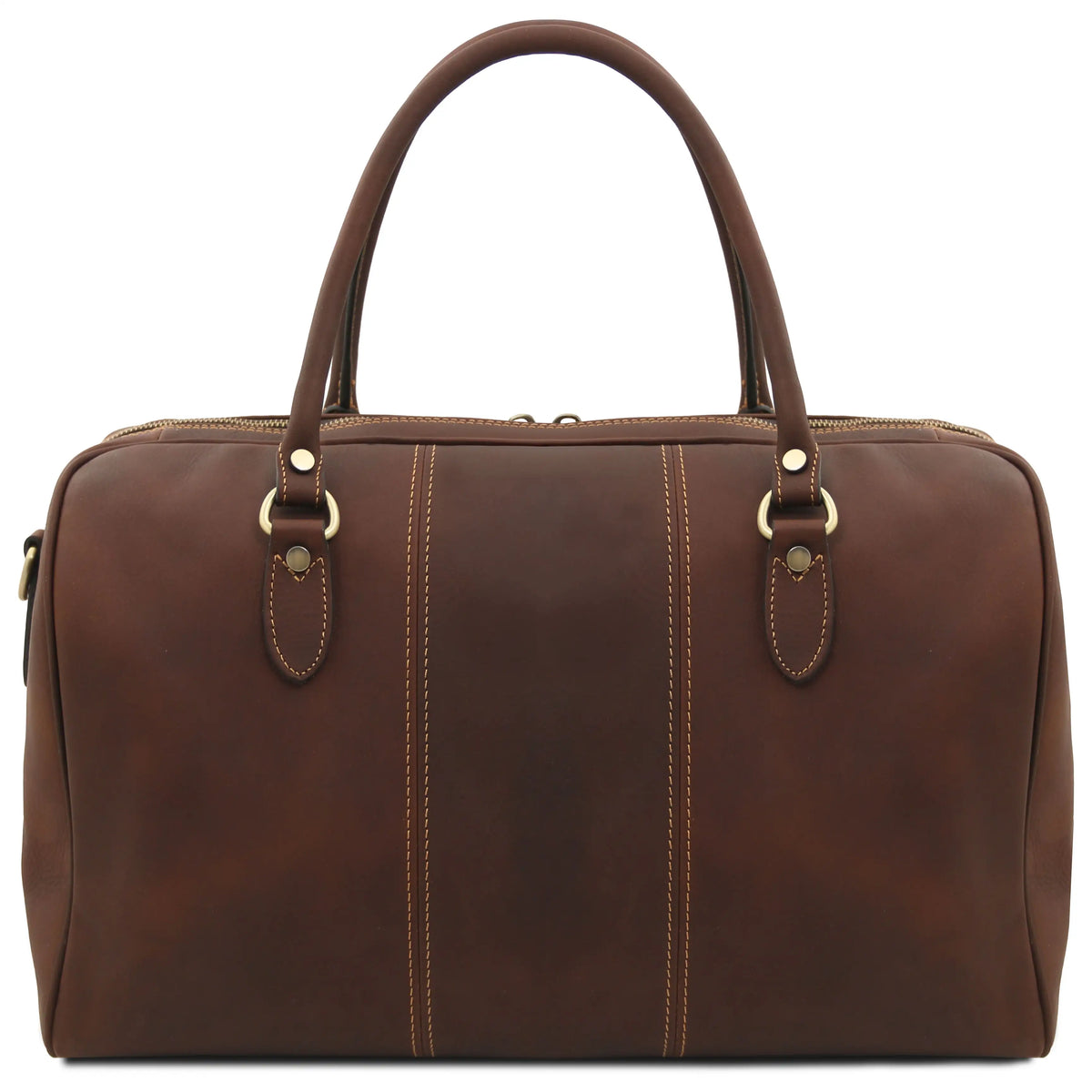 Back view dark brown leather duffel bag with handles on a white background