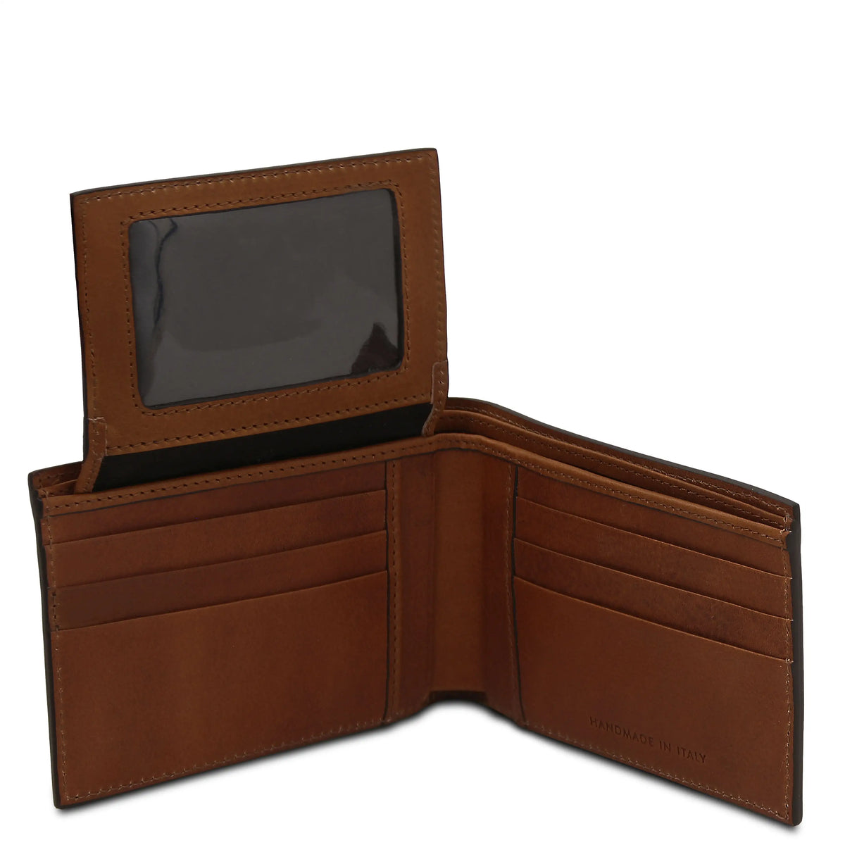 Brown leather wallet opened showing ID and credit card storage on a white background