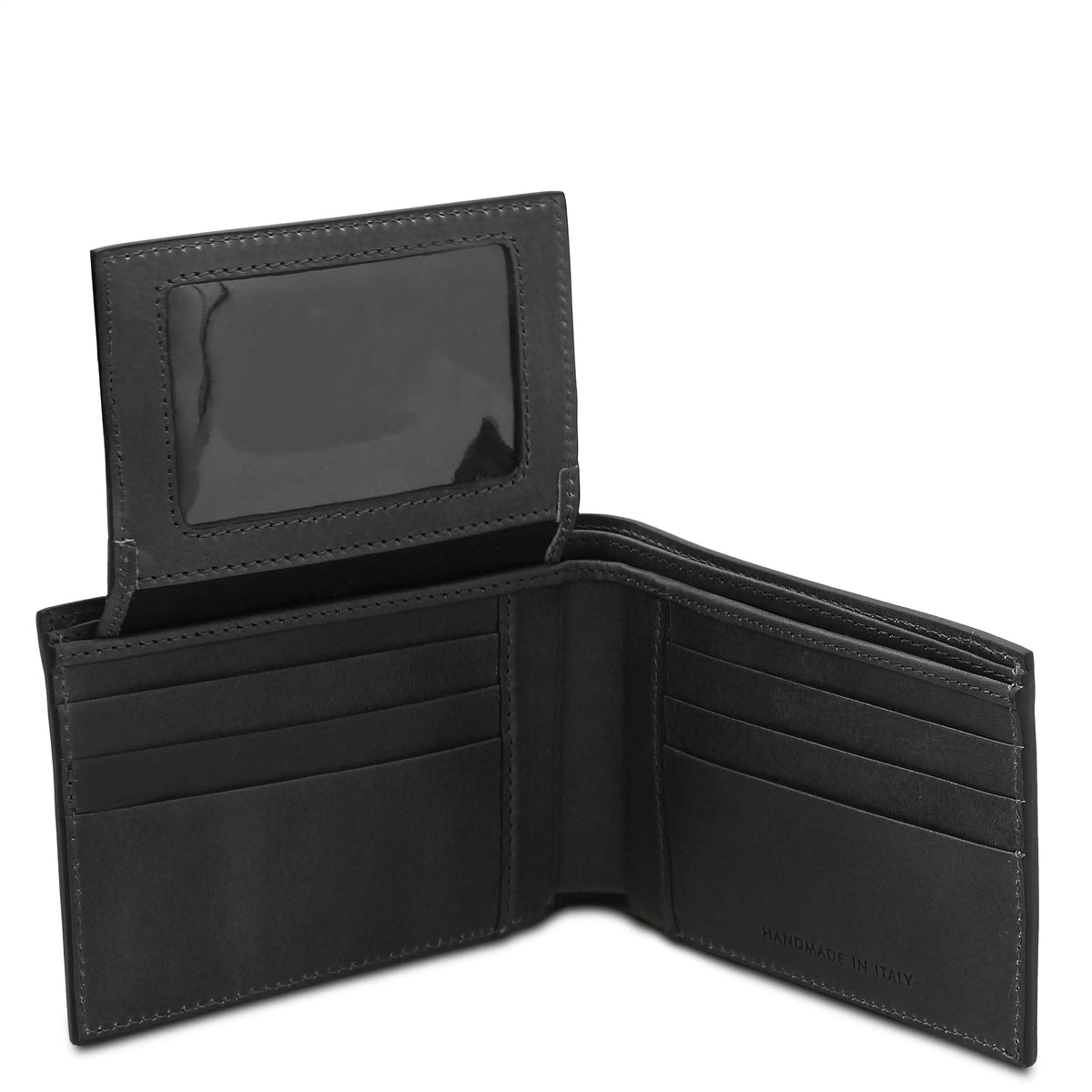 Black leather wallet opened showing ID and credit card storage on a white background