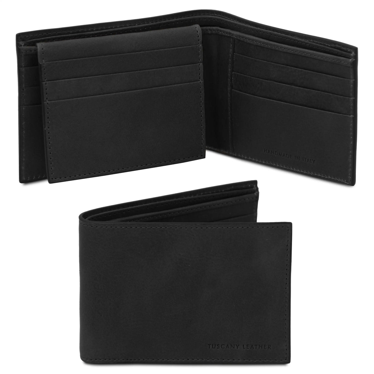 Black leather wallet shown open and closed on a white background