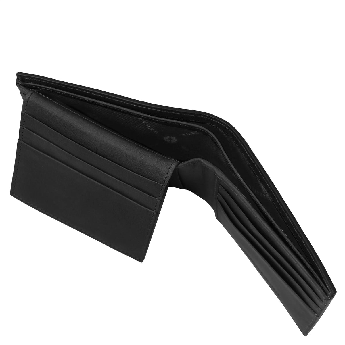 Black leather wallet showing two currency compartments on a white background