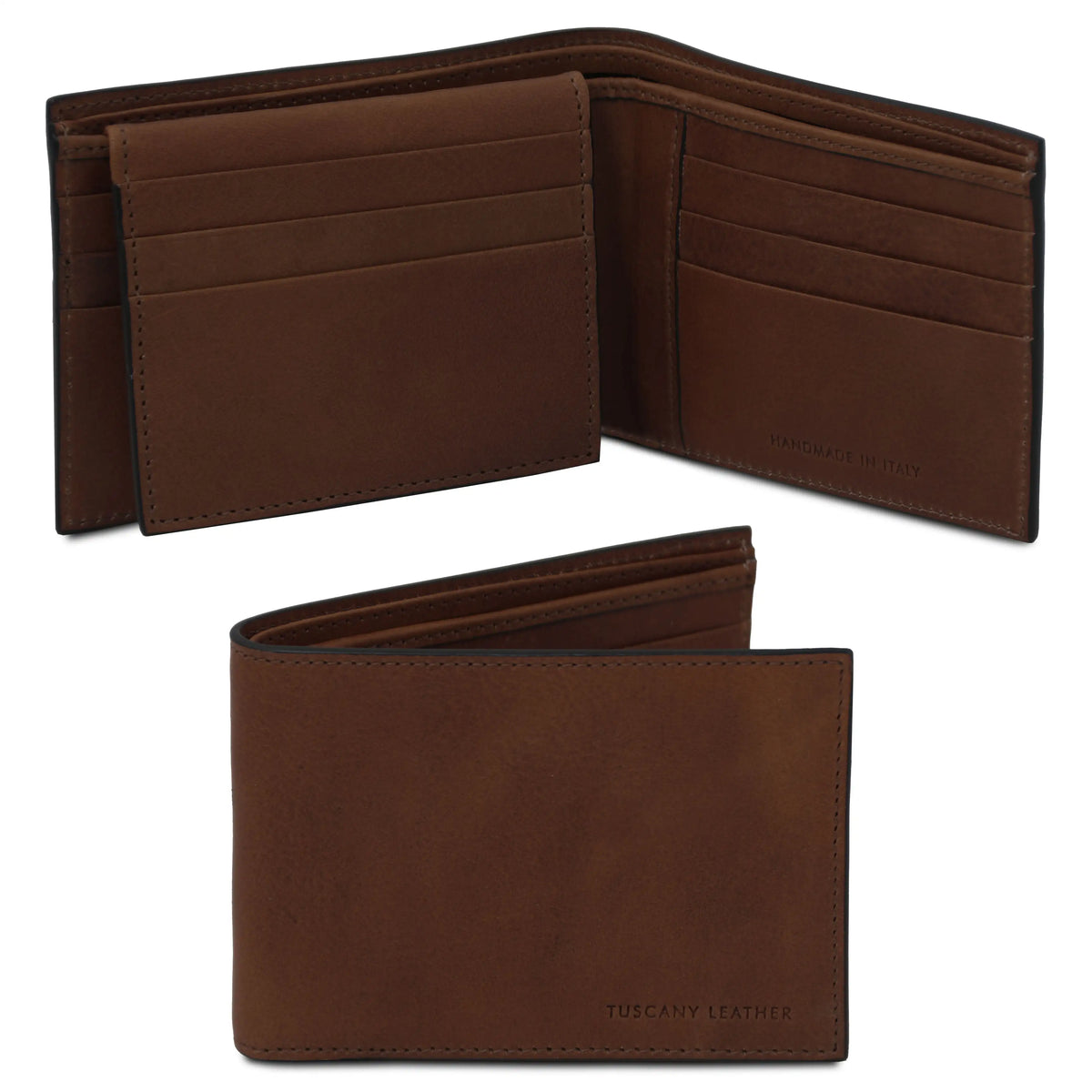 Brown leather wallet shown open and closed on a white background