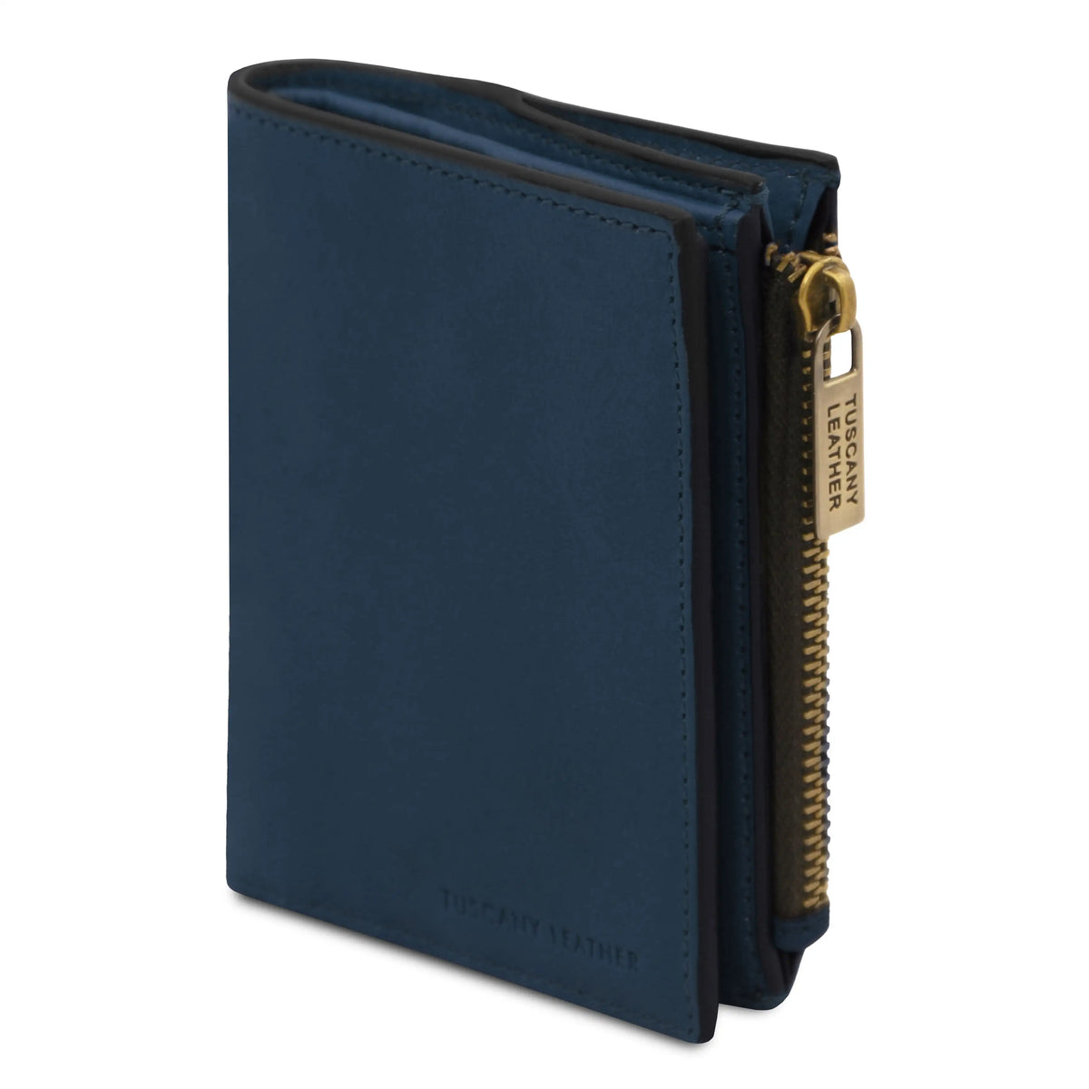 A blue leather zip-around wallet with gold-tone hardware and a visible TUCKWAY LEATHER brand tag, shown on a plain white background.