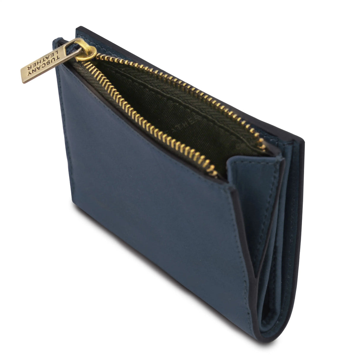 Blue wallet with gold zipper on a white background