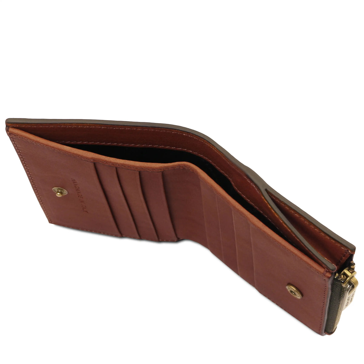 Brown leather wallet with gold accents on a white background