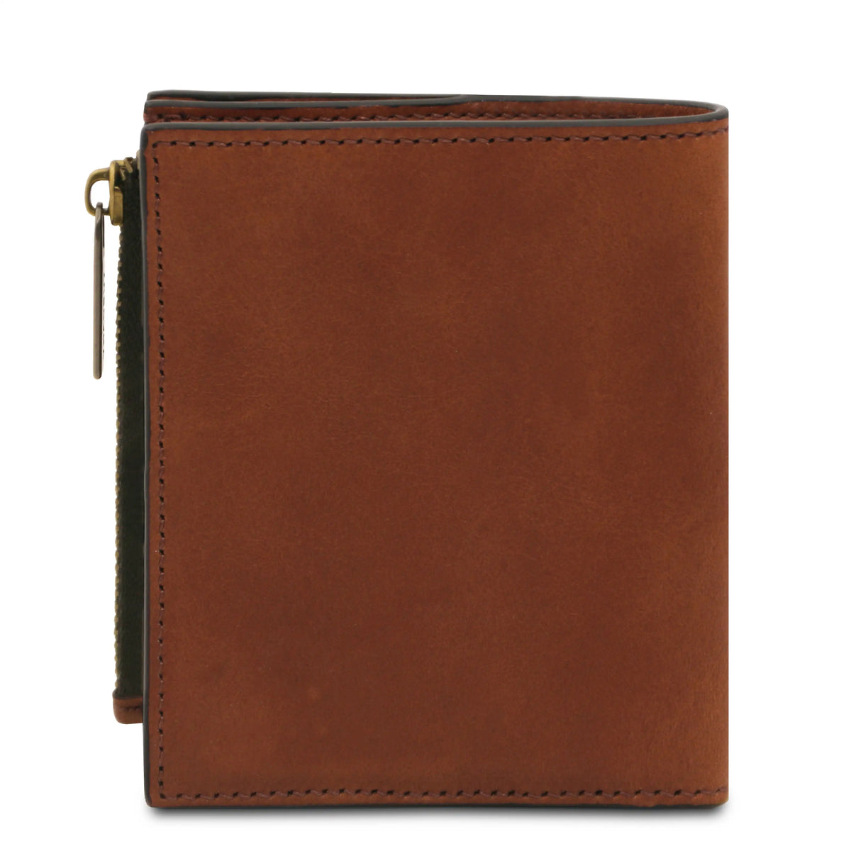 Brown leather wallet with a zipper on a white background