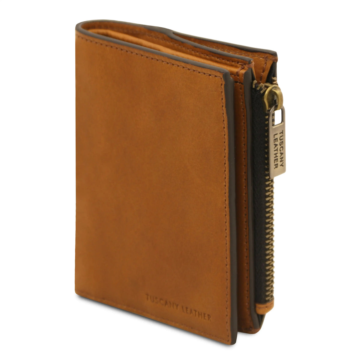 Natural leather wallet with zipper on a white background