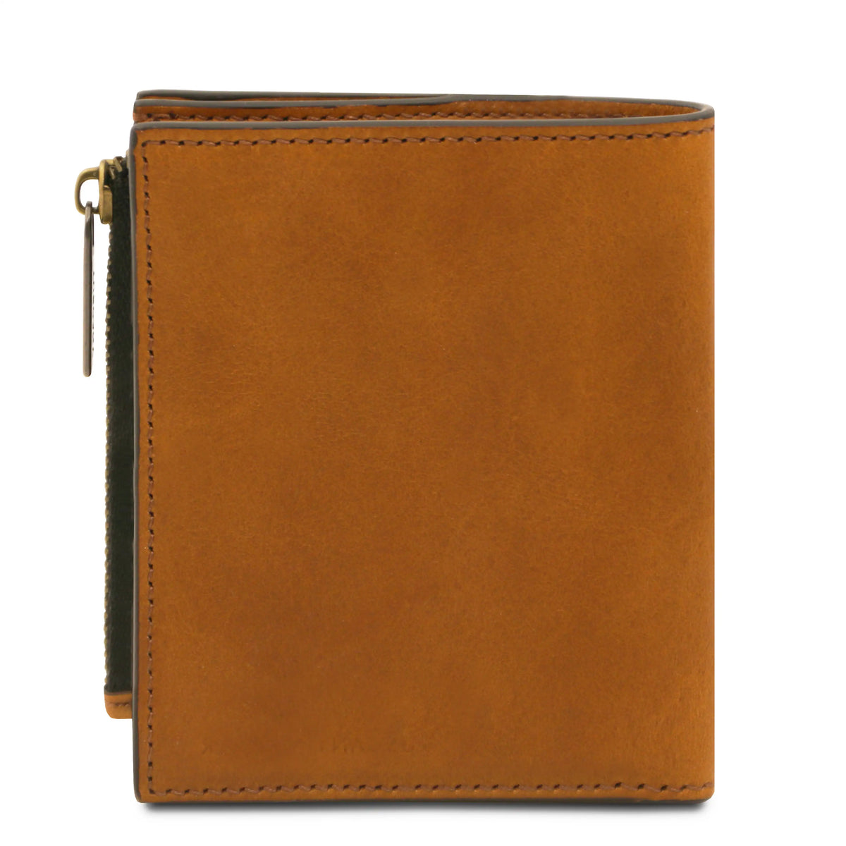 Natural leather wallet with a gold zipper on a white background