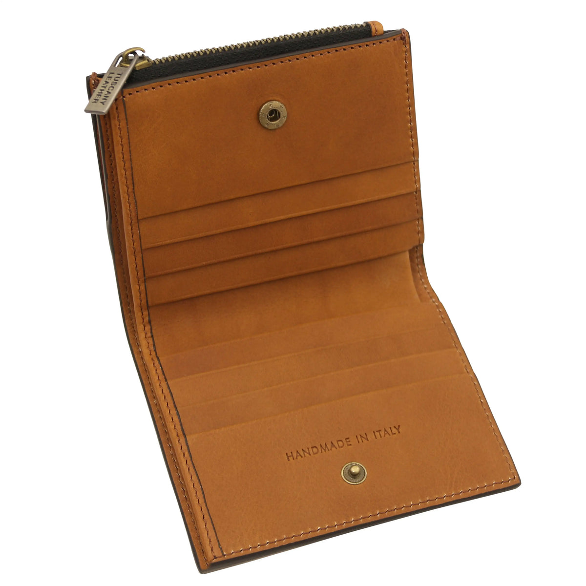 Natural leather wallet with gold accents and a snap closure on a white background