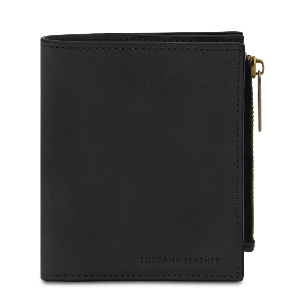 A black leather bi-fold wallet with a gold-tone zipper pull and debossed 'TUSCANY LEATHER' branding at the bottom, shown on a plain white background.