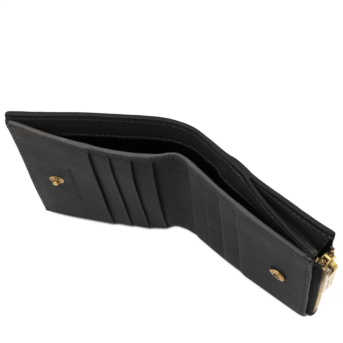 Black wallet with gold accents and currency compartment on a white background