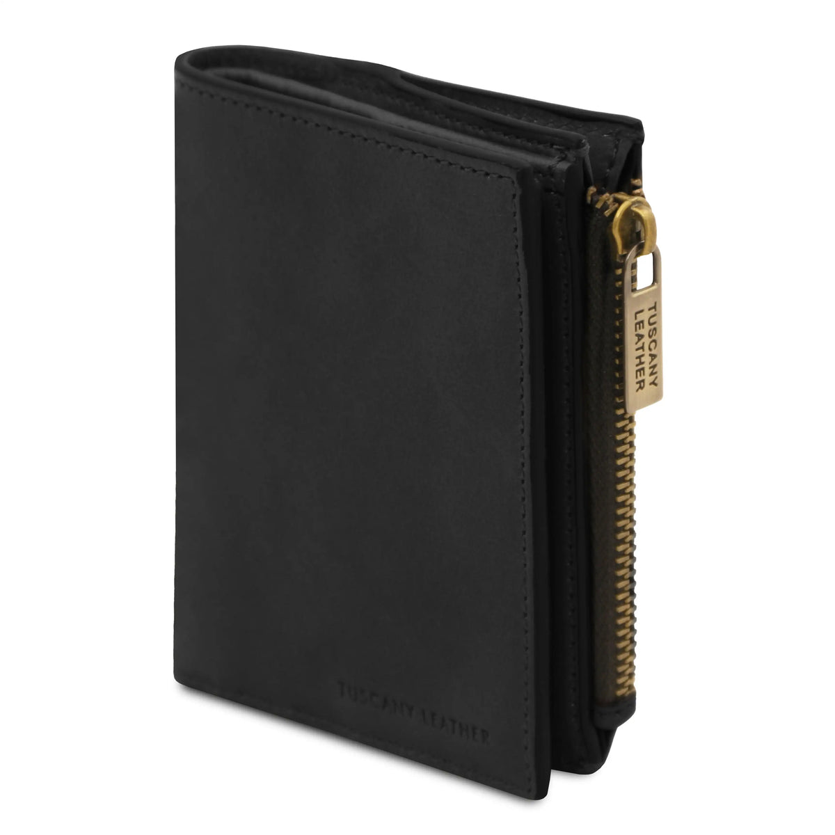 Black leather wallet with gold zipper on a white background