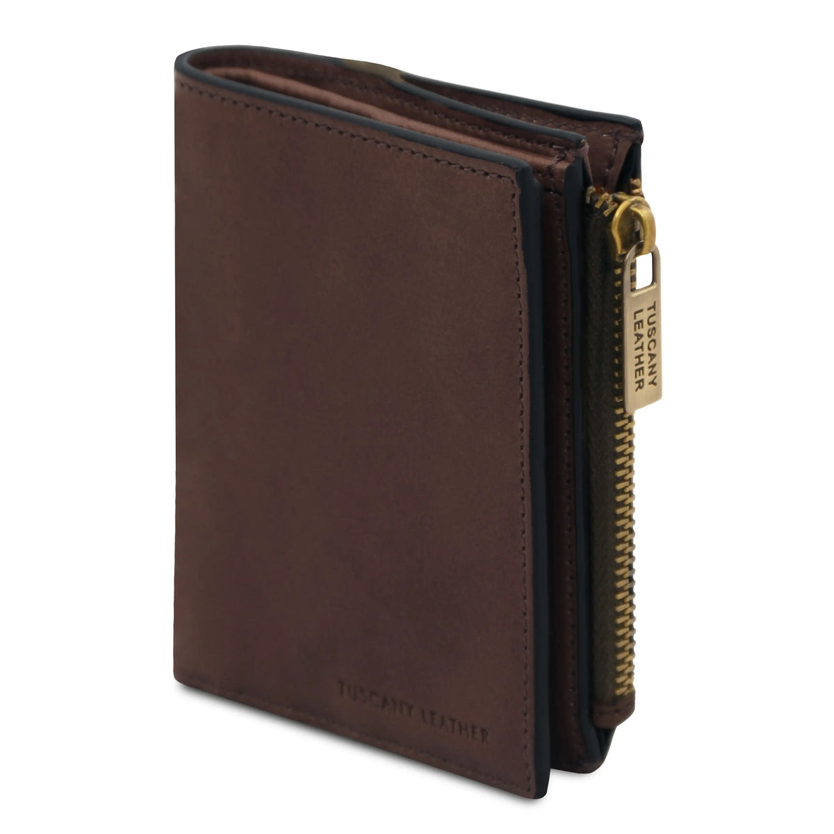 A dark brown leather zip-around wallet with gold-tone hardware and a visible 'TUCKSHAY LEATHER' brand tag on the zipper pull, shown on a plain white background.