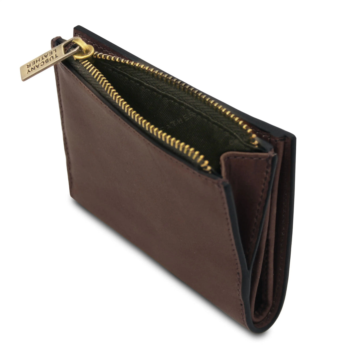 A dark brown leather zip-around card holder wallet shown open, revealing a gold-tone zipper and a dark green interior lining. A small metal brand tag on the zipper pull reads 'TUCKERY LEATHER'.