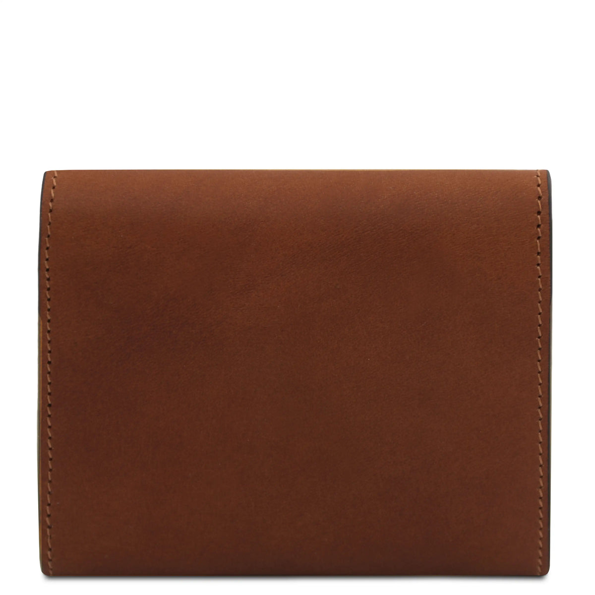 Back view brown leather bifold wallet with visible stitching on the edges, shown flat against a solid white background.