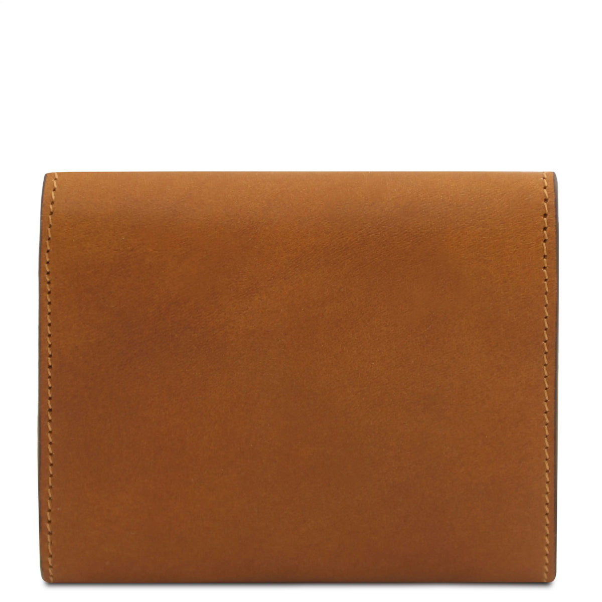 Back view Natural leather bi-fold wallet shown flat against a solid white background.