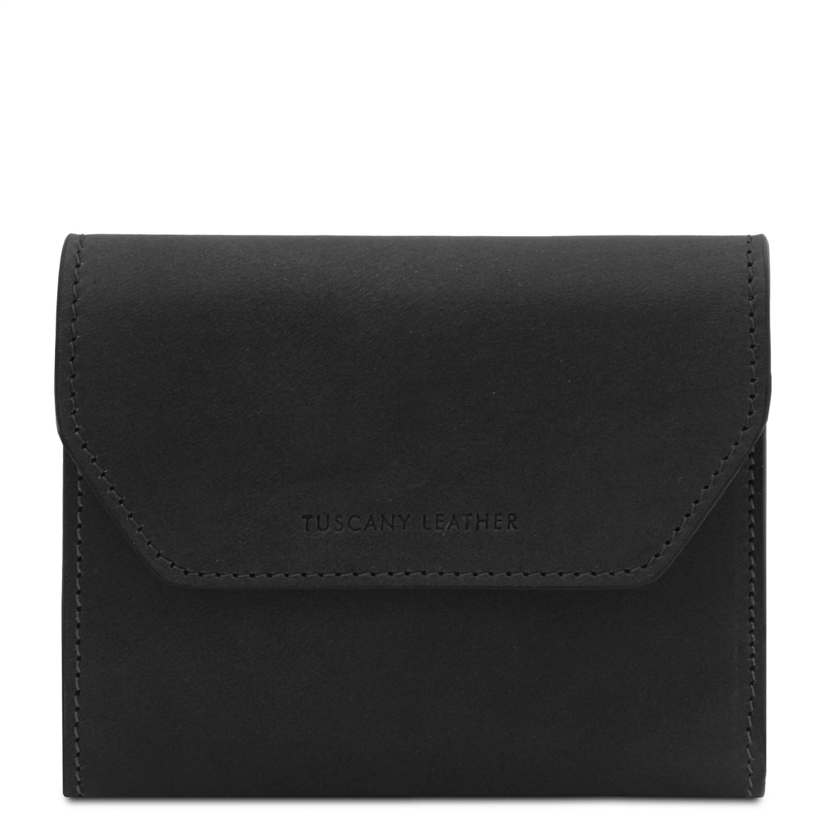 A black leather wallet with a flap closure, featuring the debossed brand name 'TUSCANY LEATHER' on the front, set against a plain white background.