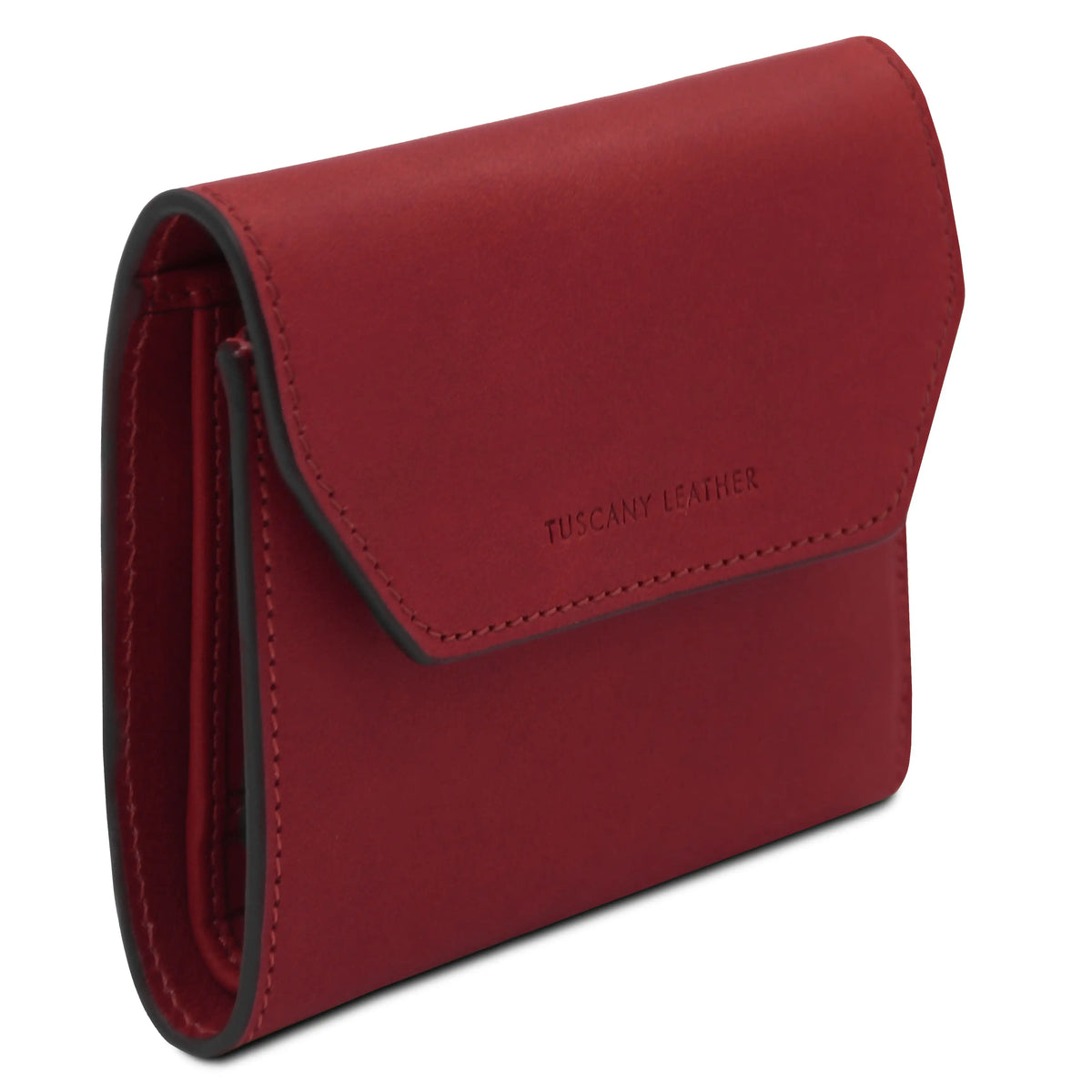 Red leather wallet with 'Tuscany Leather' branding on a white background
