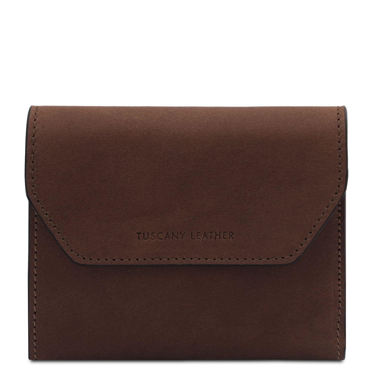 A dark brown leather wallet with a flap closure, featuring the debossed brand name 'TUSCANY LEATHER' on the front, set against a plain white background.