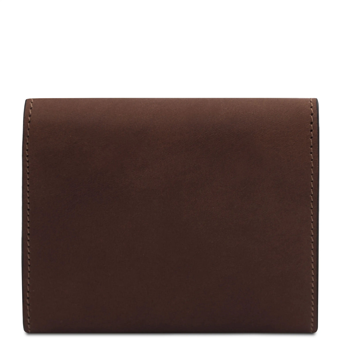 Back view dark brown leather bifold wallet with visible stitching on the edges, shown against a plain white background.