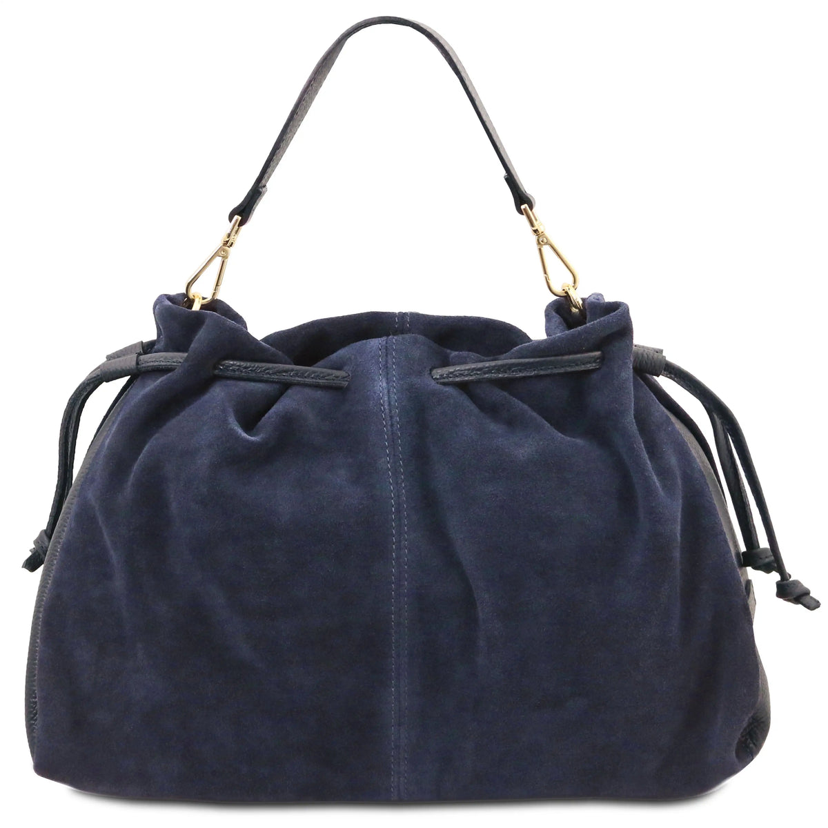 A dark blue suede drawstring bag with a single shoulder strap and gold-tone hardware, shown against a plain white background.