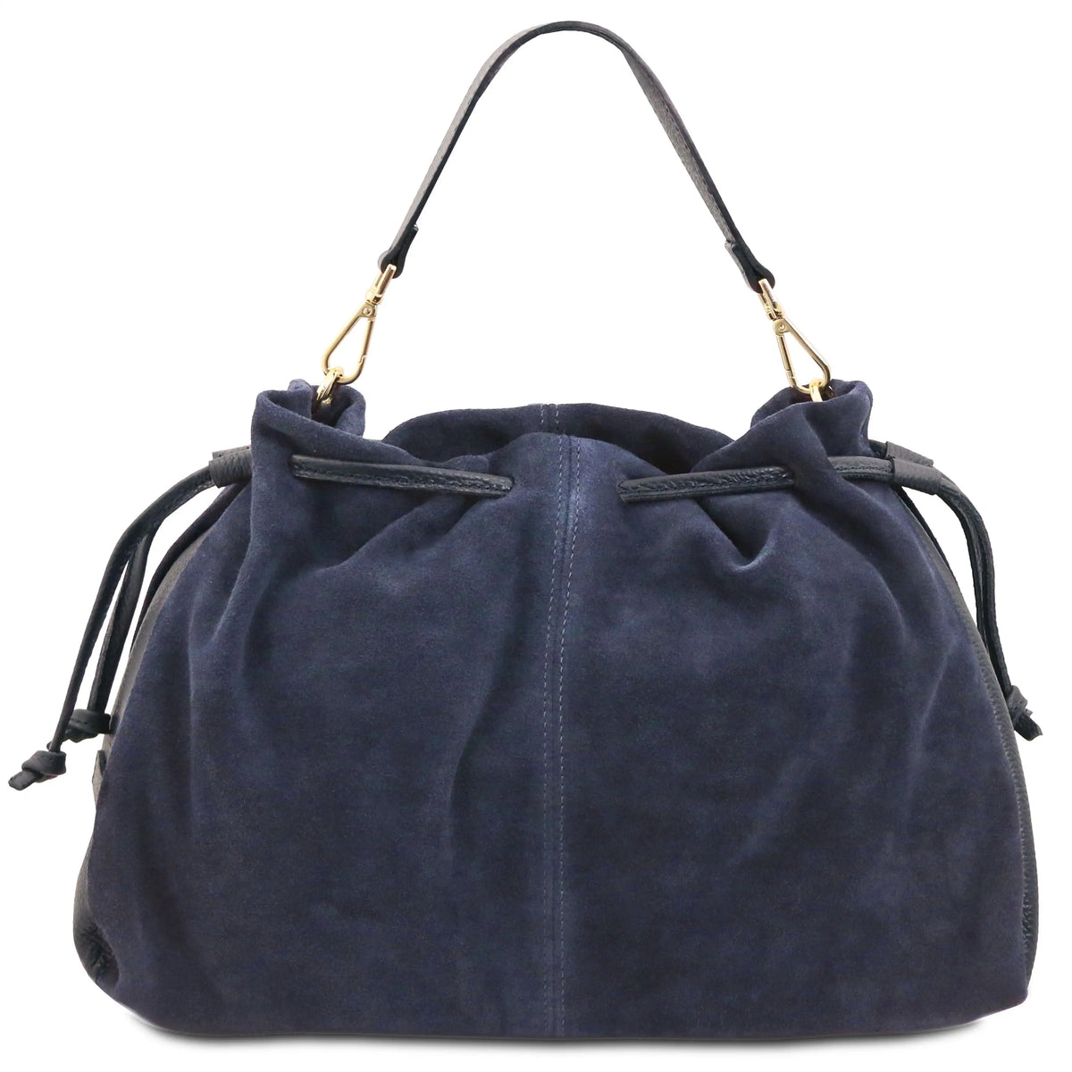 A dark blue suede slouchy drawstring shoulder bag with a black leather shoulder strap and gold-tone hardware, shown against a plain white background.
