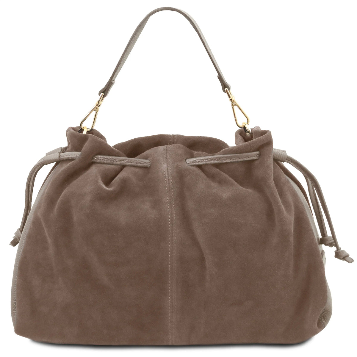 A dark taupe brown suede drawstring bag with a single shoulder strap and gold-tone hardware, shown against a plain white background.