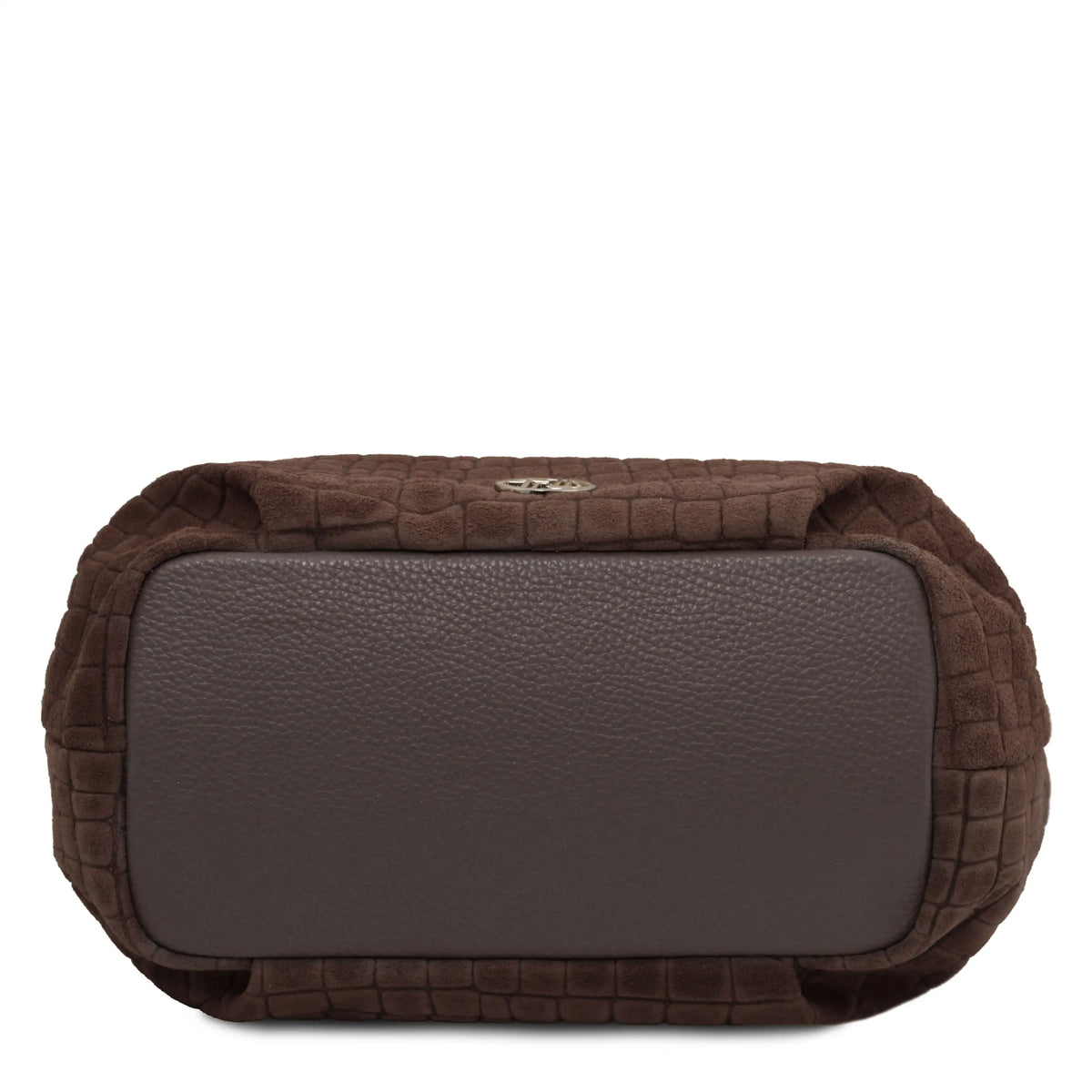 Bottom view of a chocolate croc-print leather bag on a plain white background.