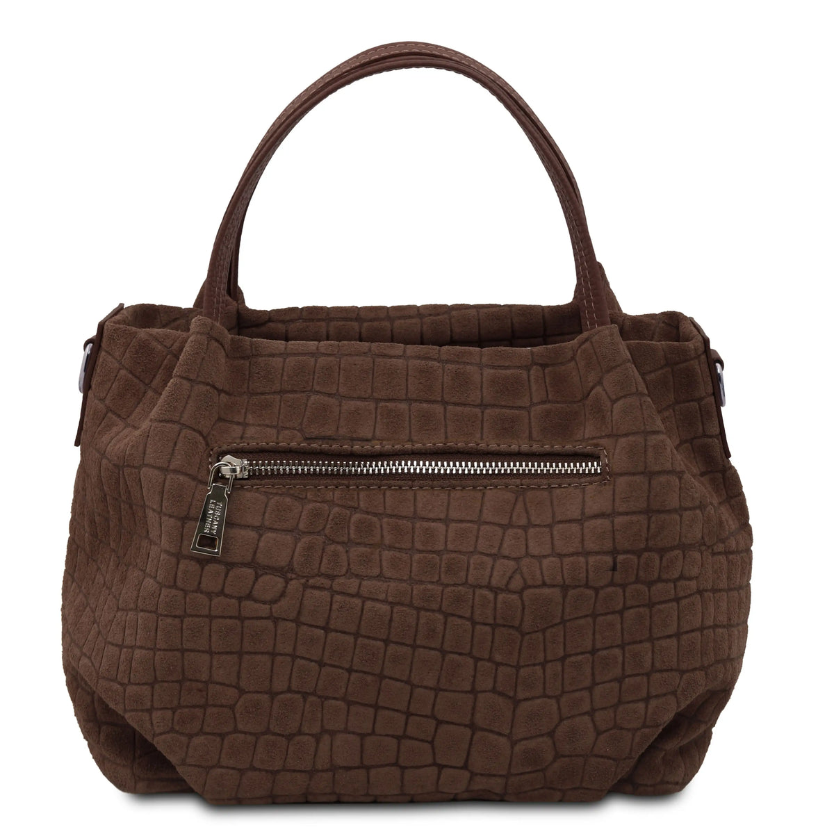 A chocolate crocodile-embossed leather handbag with dual top handles and a back zippered pocket, shown against a plain white background.