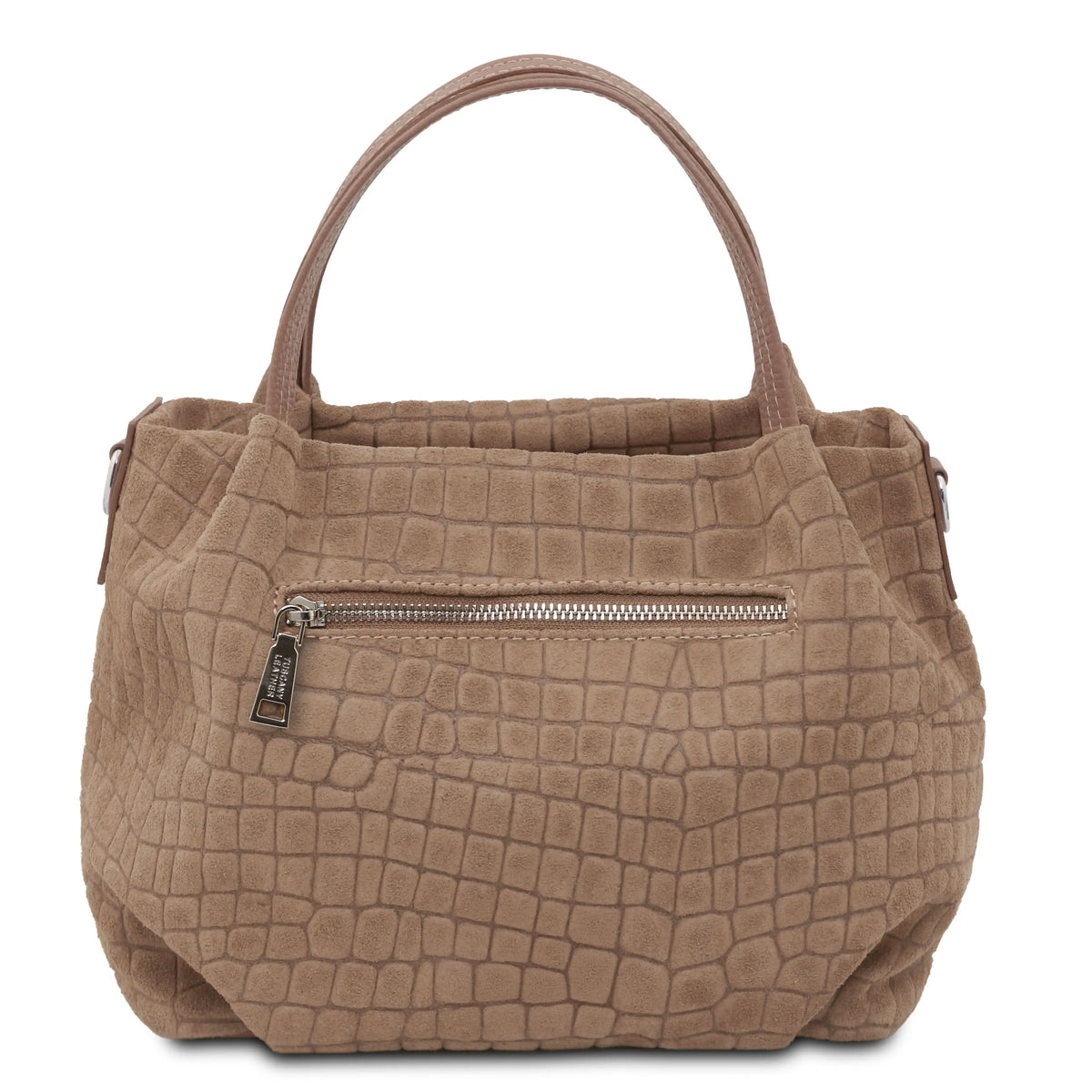 A structured taupe handbag in textured crocodile textured leather with dual top handles and a front zippered pocket, shown against a plain white background.