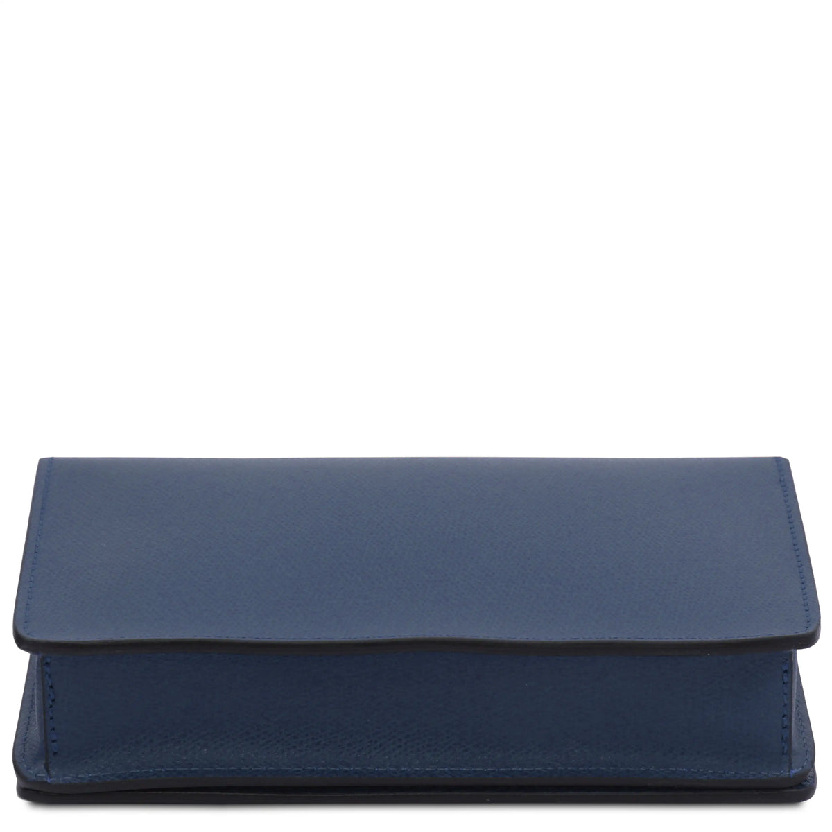 Bottom view dark blue leather clutch with a textured finish, shown closed against a plain white background.