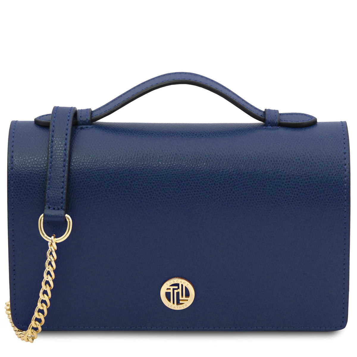 A navy blue leather handbag with a top handle, a gold chain strap, and a circular gold logo on the front, set against a plain white background.