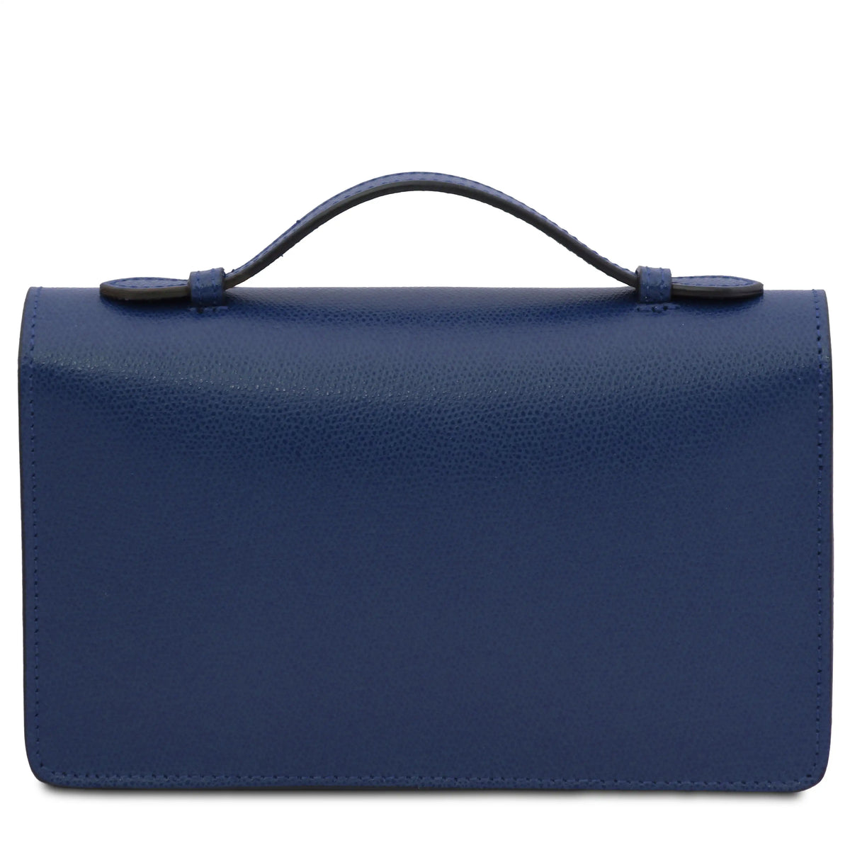 Back view navy blue leather clutch bag with a top handle, shown against a plain white background.
