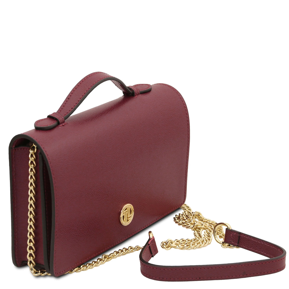 A bordeaux leather handbag with a top handle, gold chain strap, and a gold circular TL logo clasp on a white background.