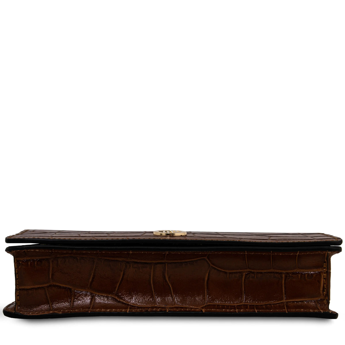 A bordeaux crocodile-embossed leather clutch bag shown from the bottom against a plain white background.