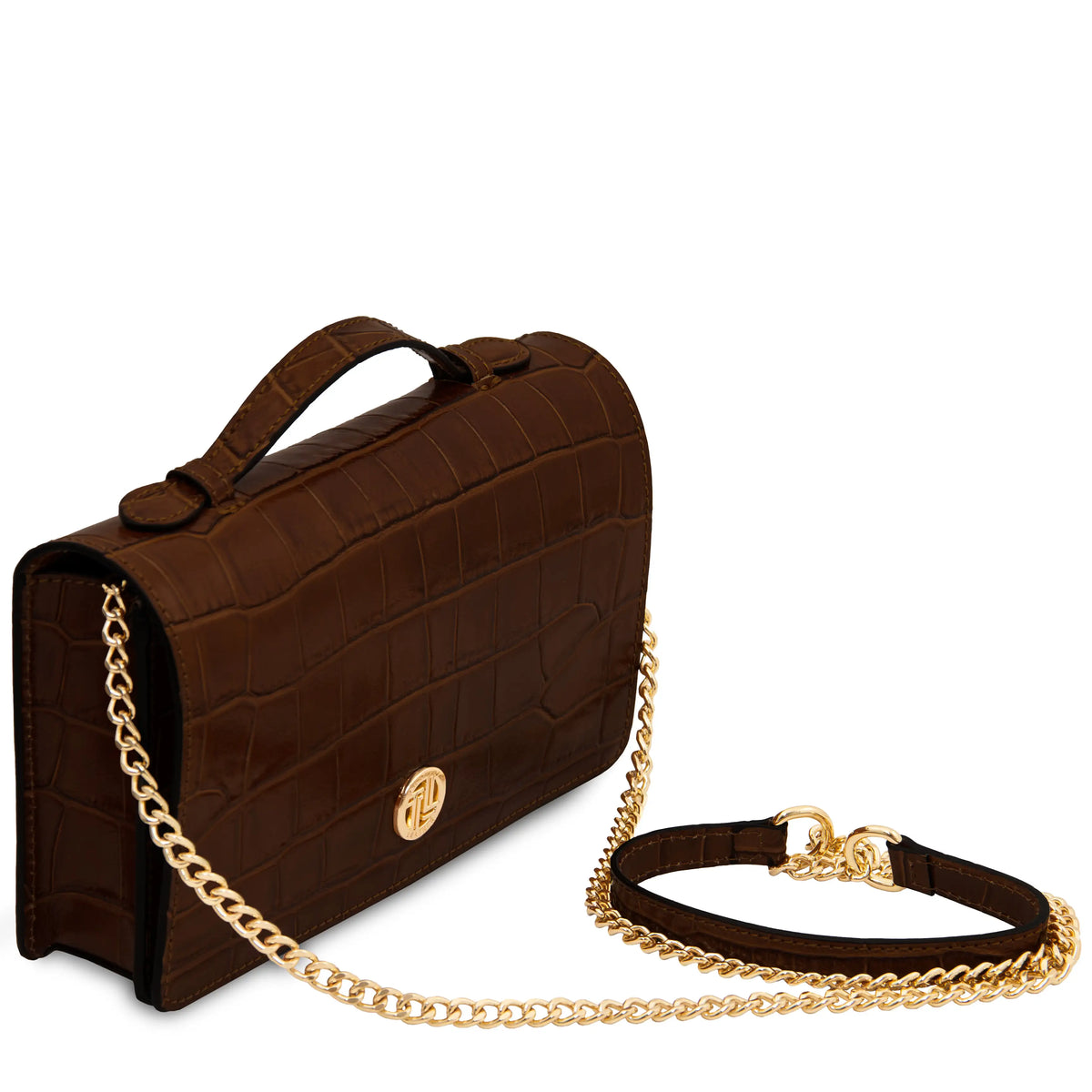 A coffee crocodile-embossed leather handbag with a top handle, gold chain strap, and a gold circular logo clasp, shown on a white background.