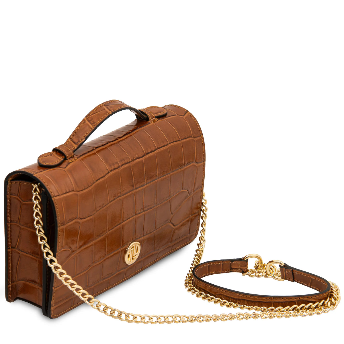 A cognac crocodile-embossed leather handbag with a top handle, gold chain strap, and a gold circular logo clasp, shown on a white background.