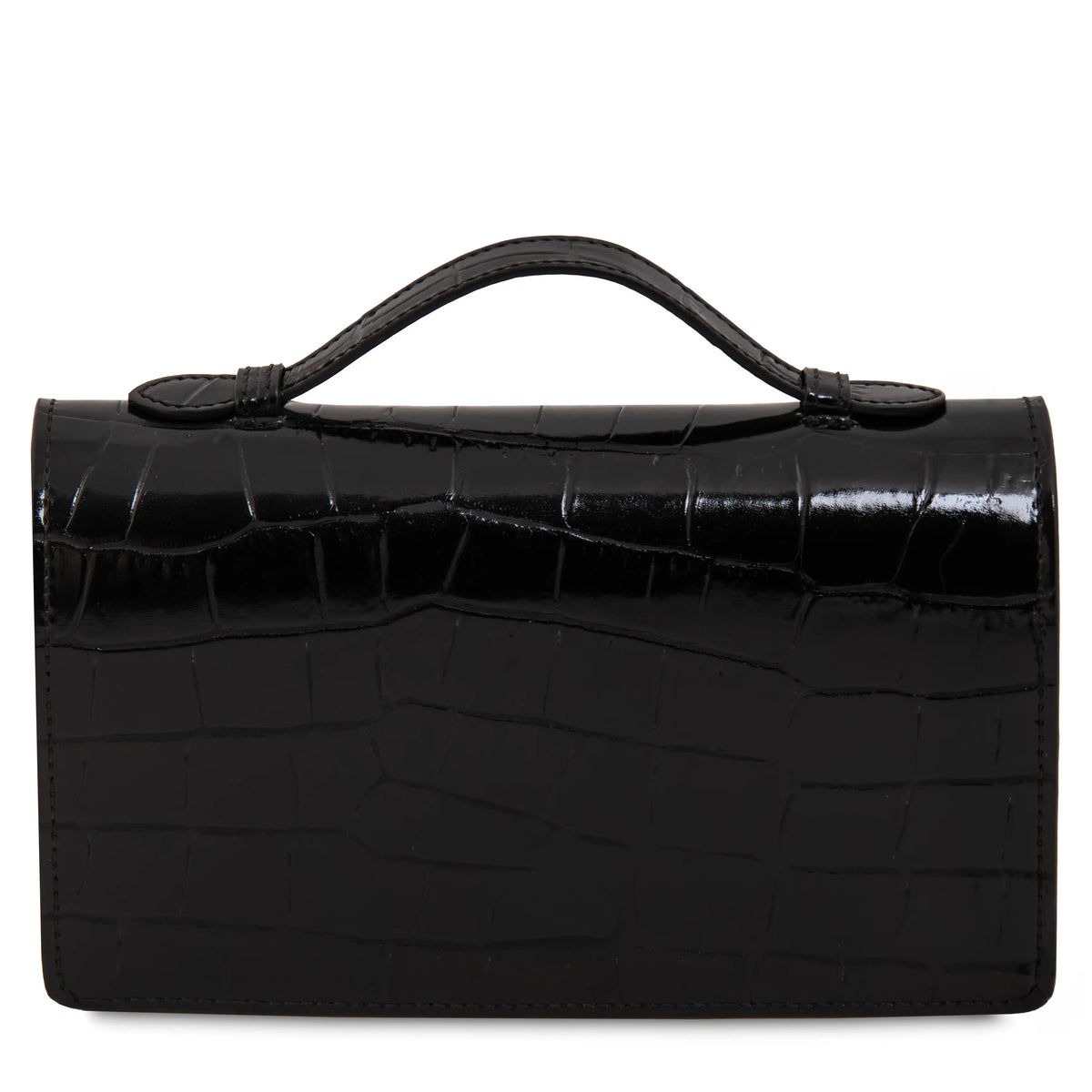 Back view of a black crocodile-embossed leather handbag with a top handle, shown against a plain white background.