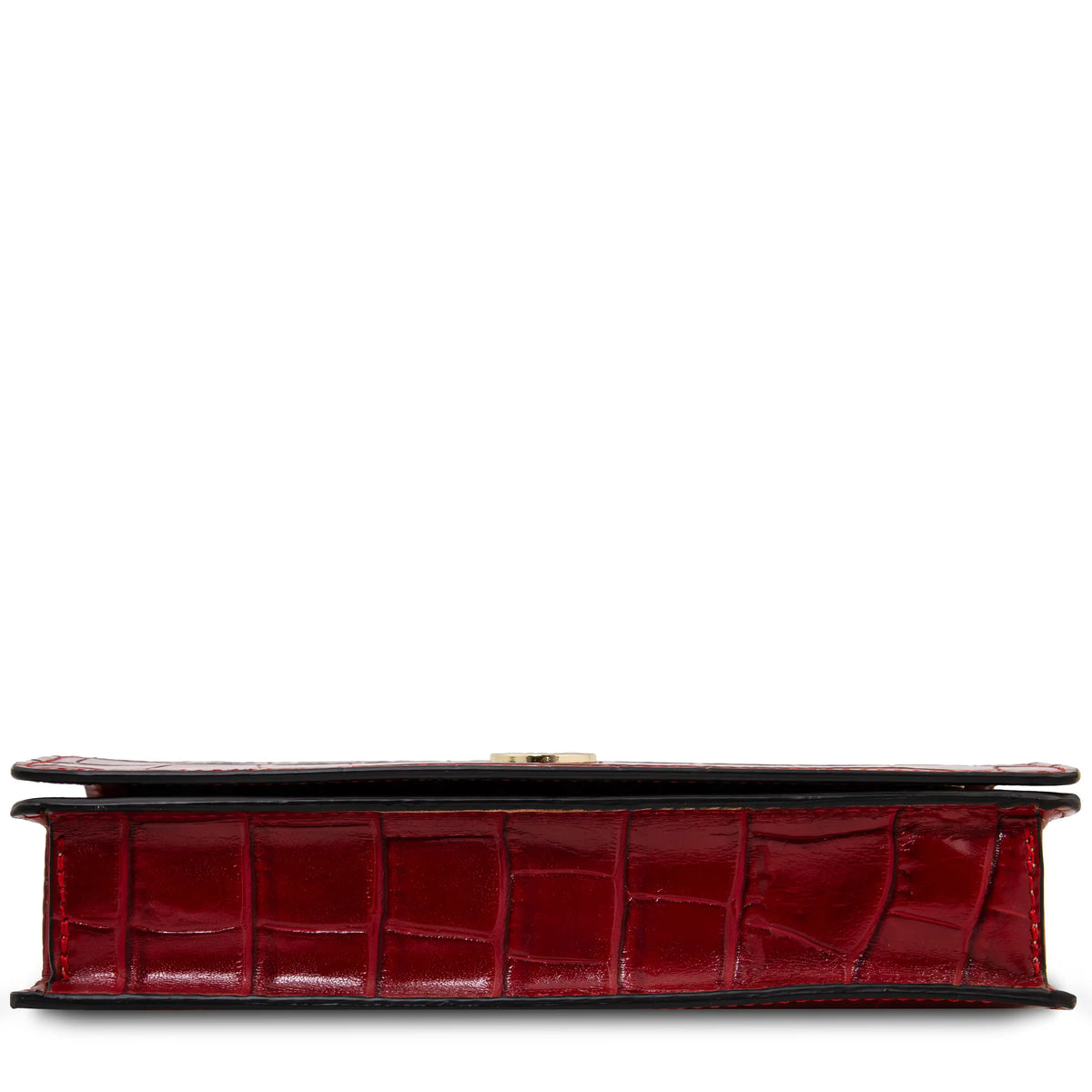 A red crocodile-embossed leather clutch bag shown from the bottom against a plain white background.