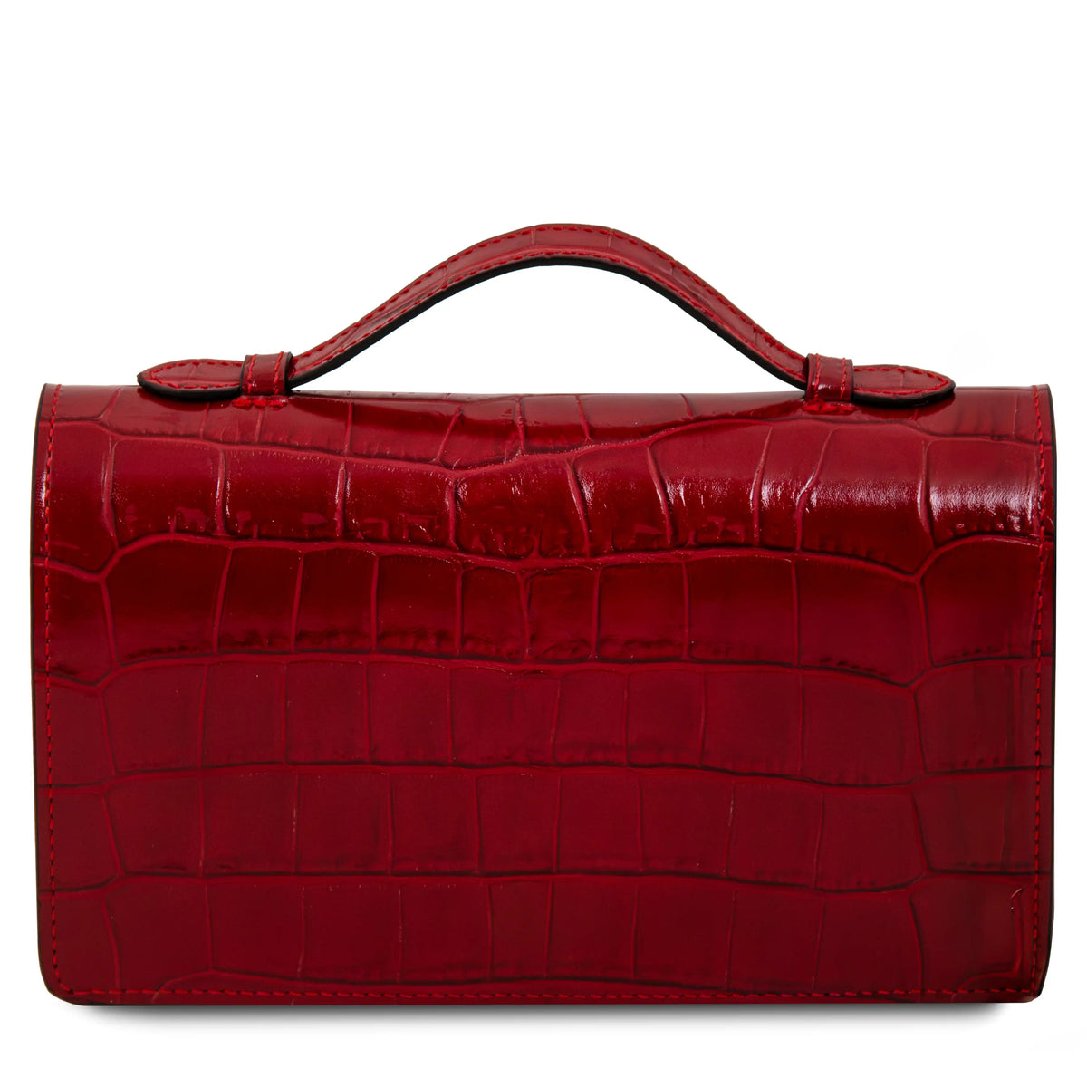Back view of a red crocodile-embossed leather handbag with a top handle, shown against a plain white background.